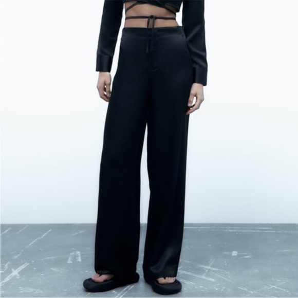 Zara Pants - Zara Full Length Satin Trousers Black Size Small